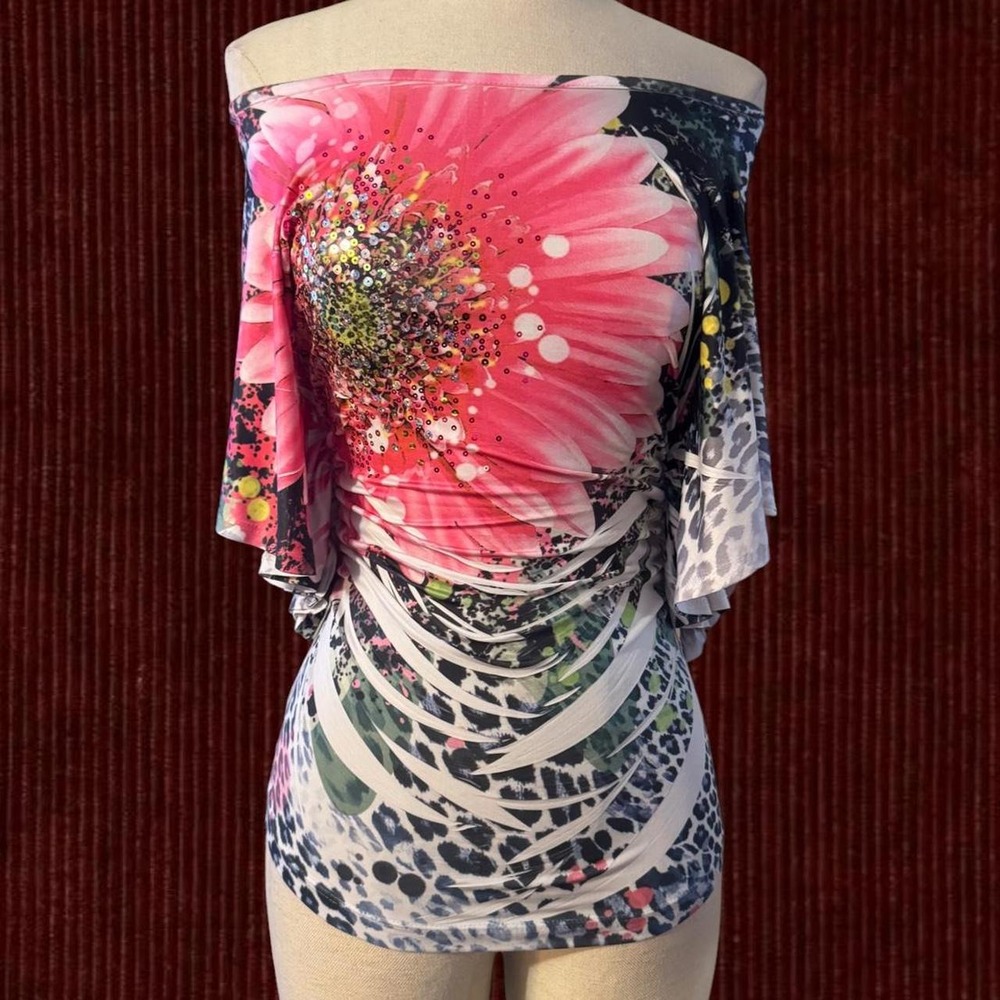 Y2K Pink Floral Batwing Top